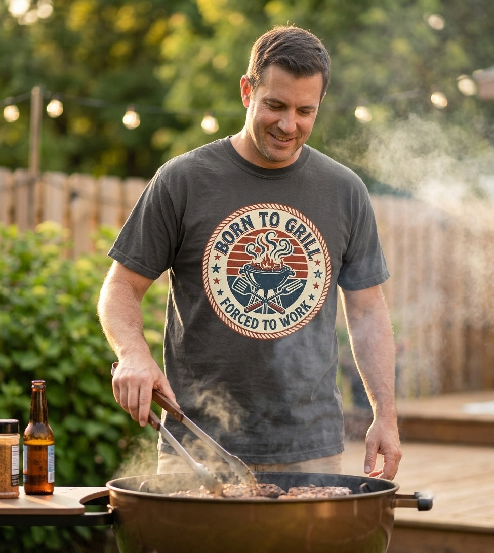 Born to Grill Forced to Work T-shirt | BBQ Grill Vintage Badge
