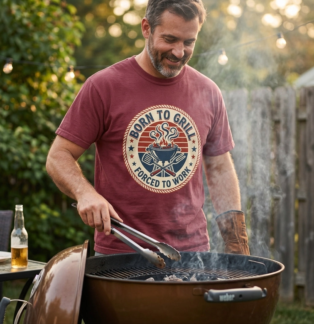 Born to Grill Forced to Work T-shirt | BBQ Grill Vintage Badge