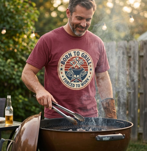 Born to Grill Forced to Work T-shirt | BBQ Grill Vintage Badge