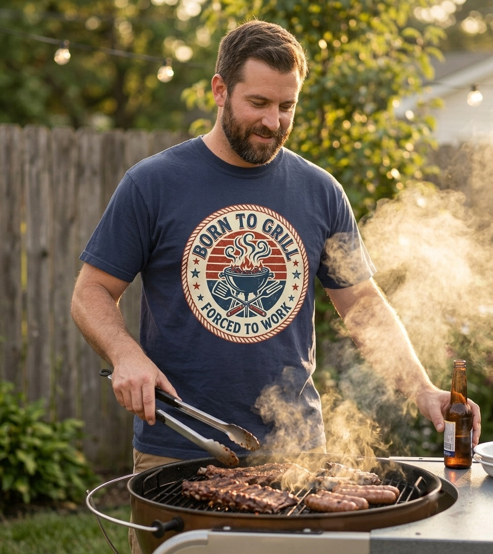 Born to Grill Forced to Work T-shirt | BBQ Grill Vintage Badge