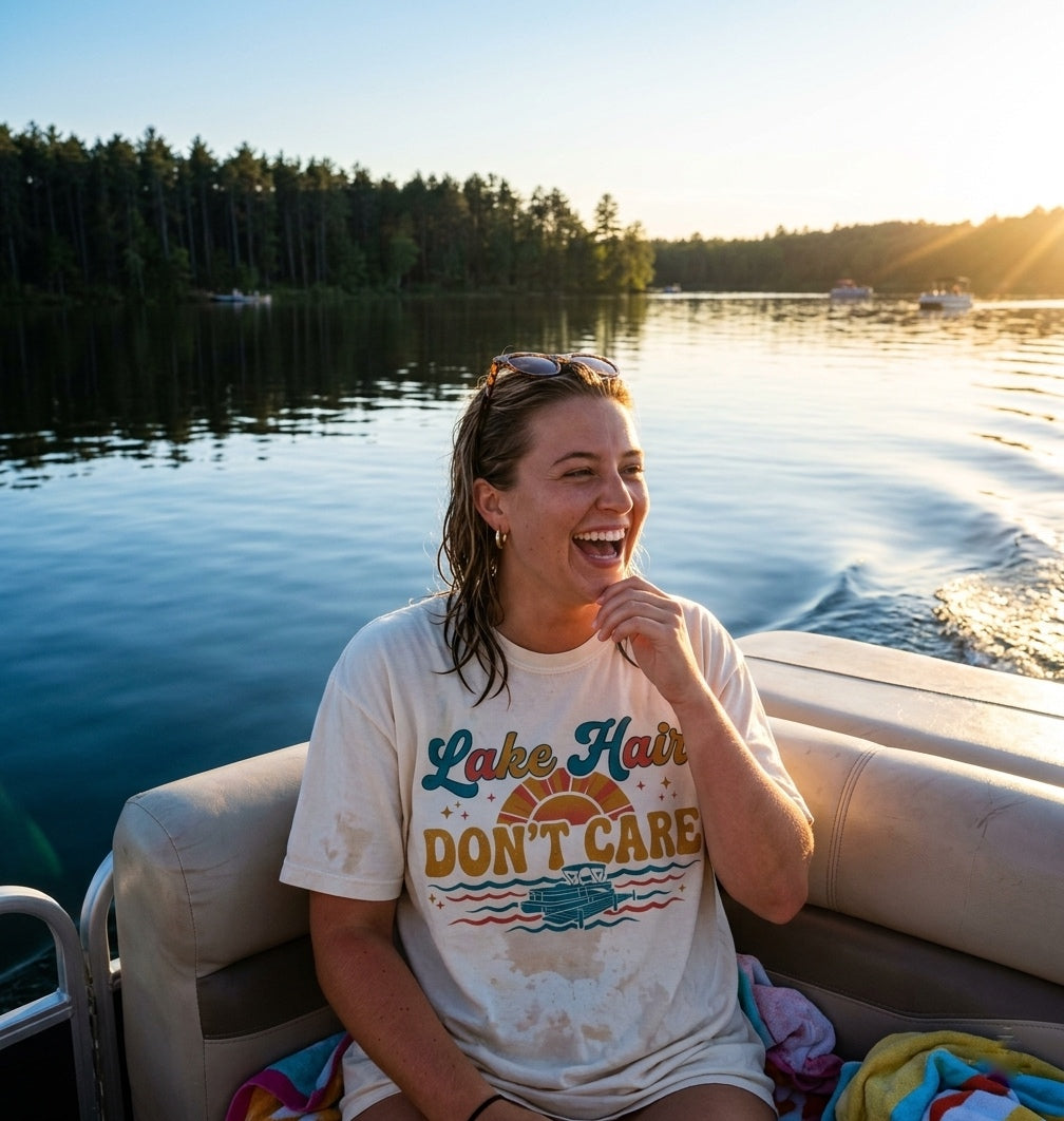 Lake Hair Don't Care T-shirt | Retro Sunset Boat Lake Shirt