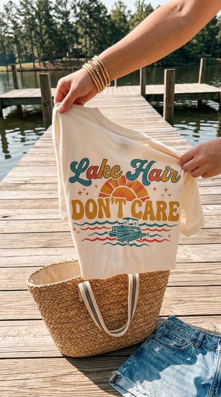 Lake Hair Don't Care T-shirt | Retro Sunset Boat Lake Shirt