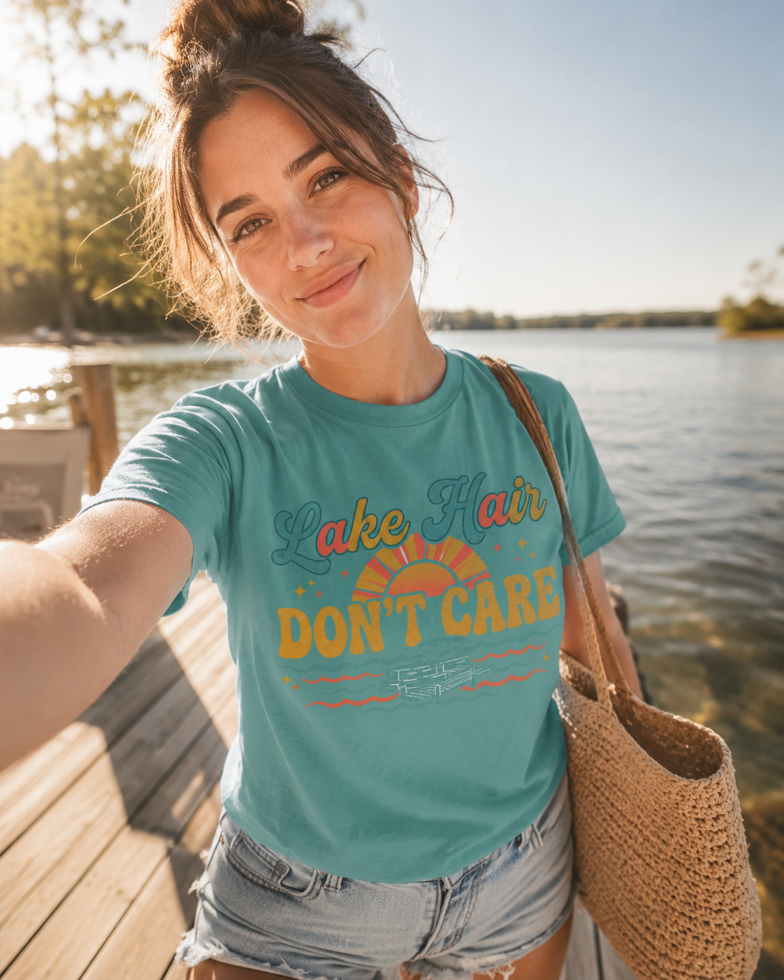 Lake Hair Don't Care T-shirt | Retro Sunset Boat Lake Shirt