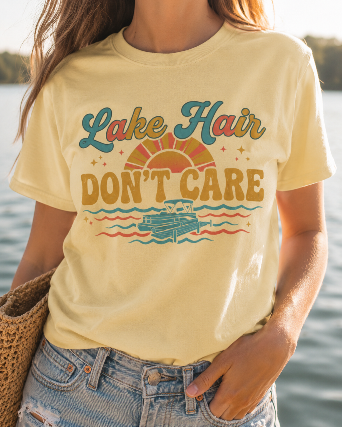 Lake Hair Don't Care T-shirt | Retro Sunset Boat Lake Shirt