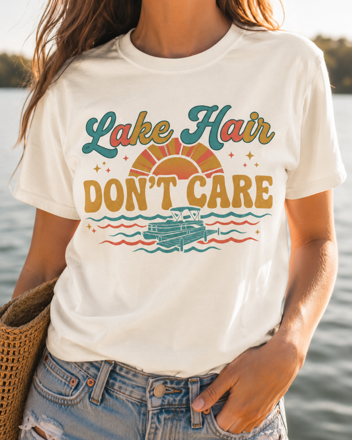 Lake Hair Don't Care T-shirt | Retro Sunset Boat Lake Shirt