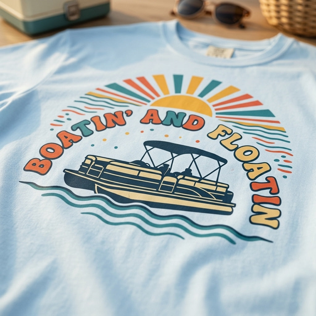 Boatin' and Floatin' Pontoon Boat T-shirt | Retro Sunset Lake Vibes