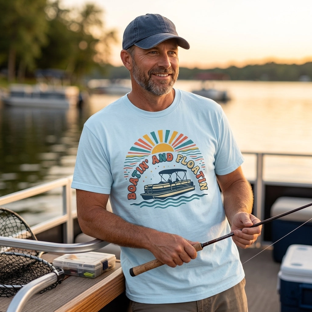 Boatin' and Floatin' Pontoon Boat T-shirt | Retro Sunset Lake Vibes