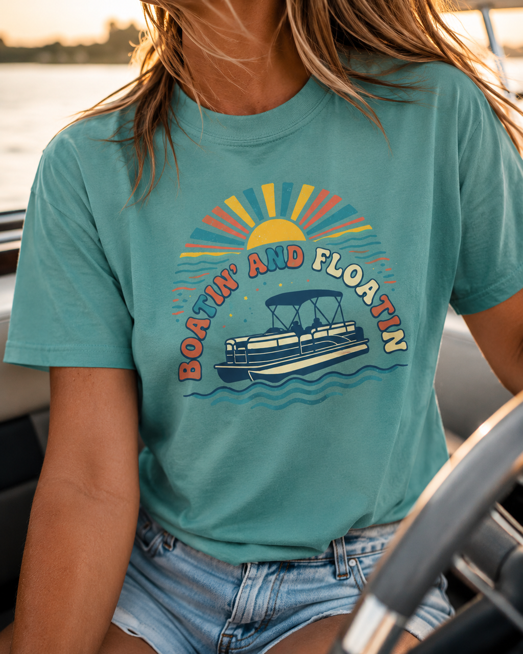 Boatin' and Floatin' Pontoon Boat T-shirt | Retro Sunset Lake Vibes