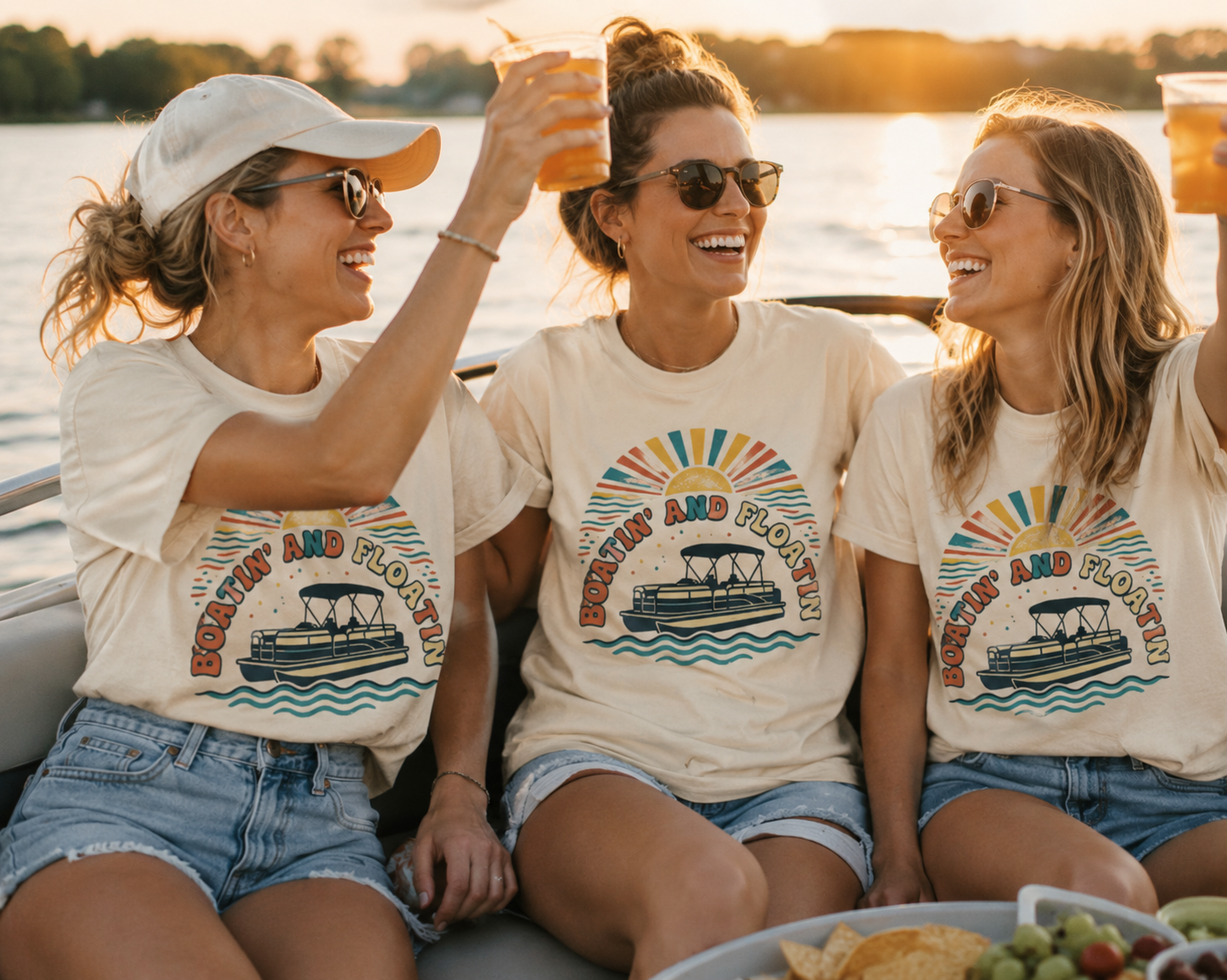 Boatin' and Floatin' Pontoon Boat T-shirt | Retro Sunset Lake Vibes