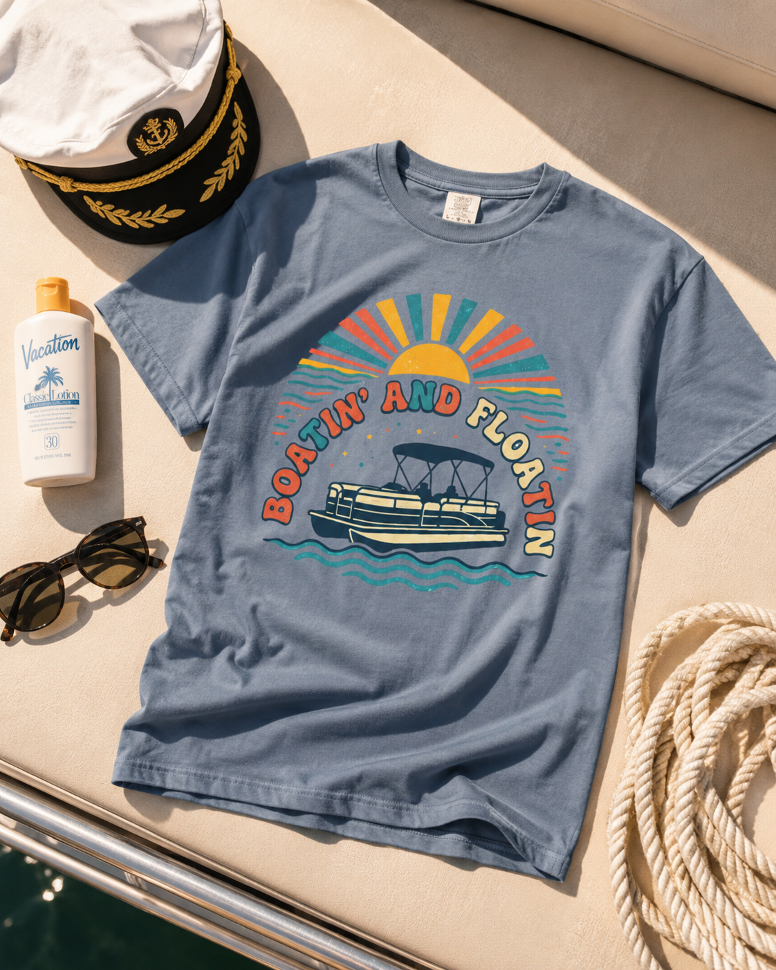 Boatin' and Floatin' Pontoon Boat T-shirt | Retro Sunset Lake Vibes