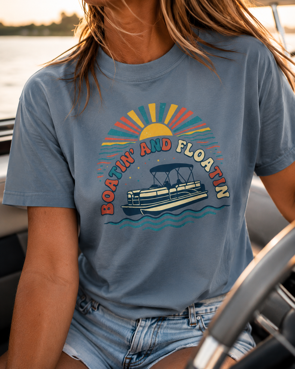 Boatin' and Floatin' Pontoon Boat T-shirt | Retro Sunset Lake Vibes