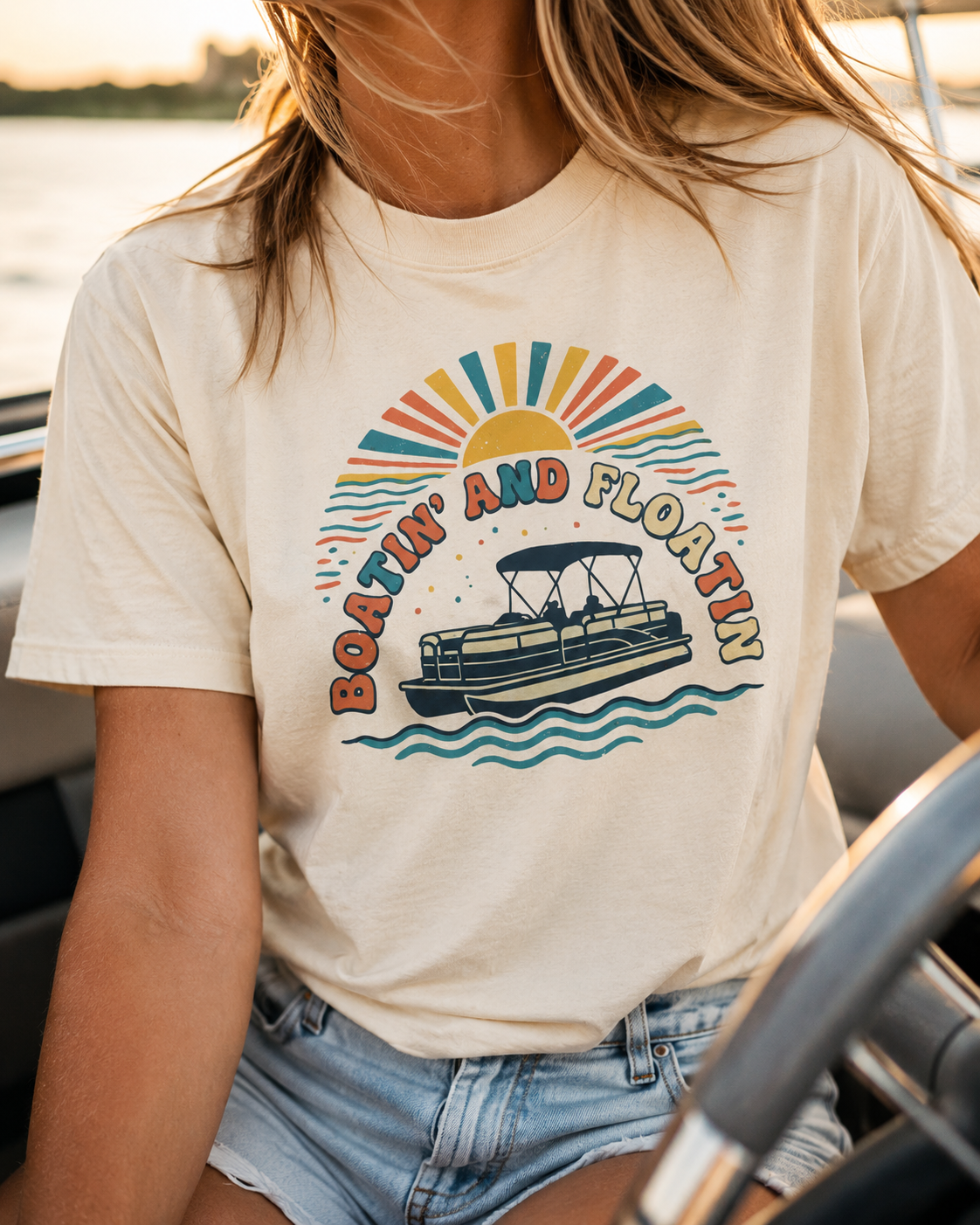 Boatin' and Floatin' Pontoon Boat T-shirt | Retro Sunset Lake Vibes