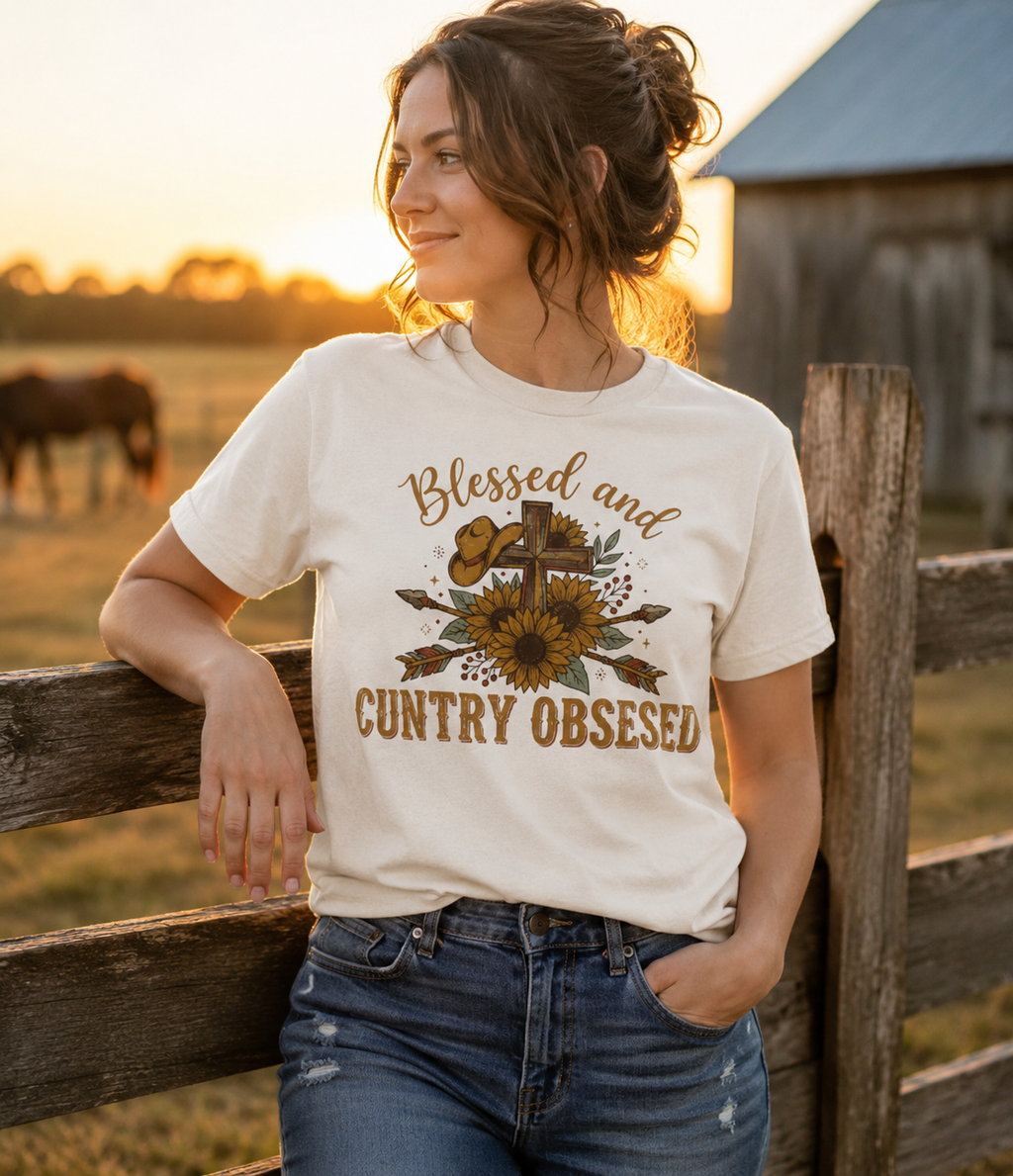 Blessed and Country Obsessed T-shirt | Sunflower Cross Country Music Tee
