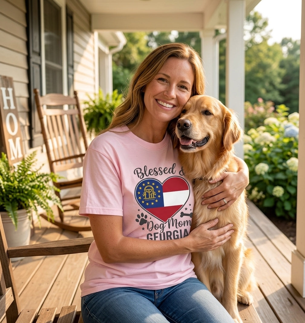 Blessed & Dog Mom Georgia T-shirt | State Flag Heart Paw Print