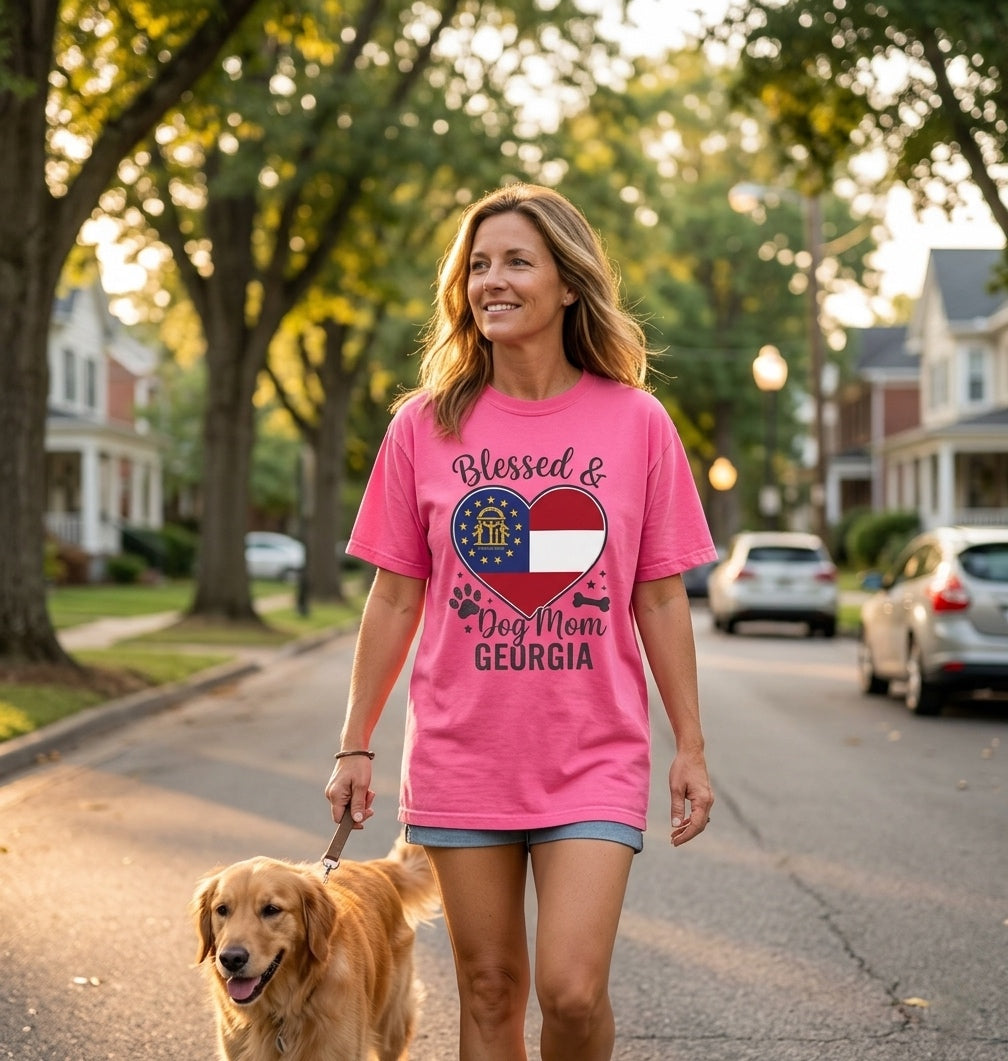 Blessed & Dog Mom Georgia T-shirt | State Flag Heart Paw Print