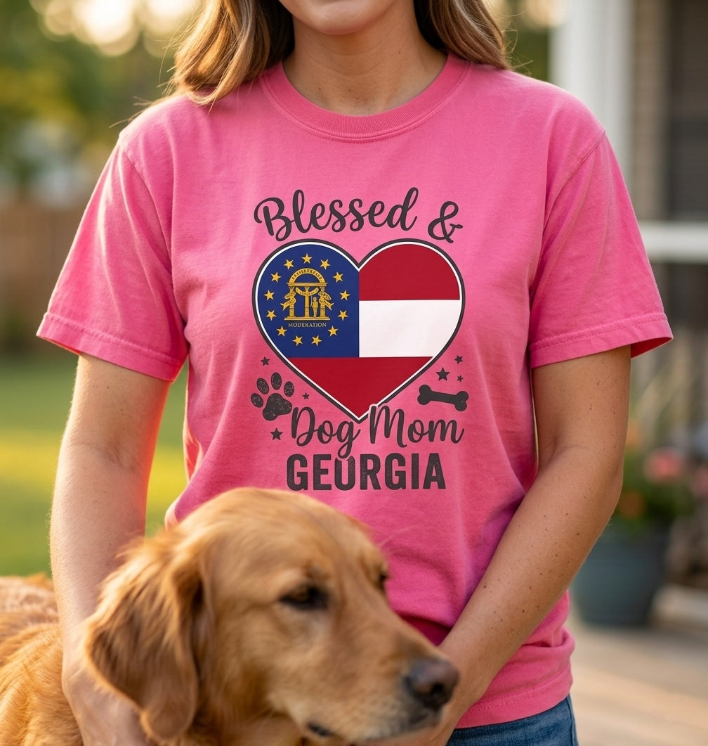 Blessed & Dog Mom Georgia T-shirt | State Flag Heart Paw Print